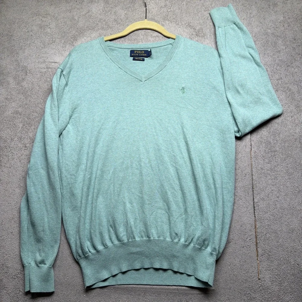 Polo Ralph Lauren V‎ Neck Sweater Pima Cotton Green Men's Small Preppy